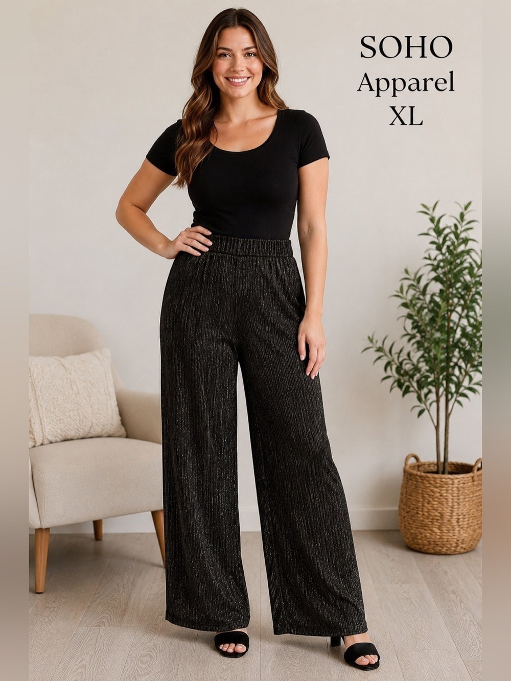 SOHO Apparel Ltd. XL Black Shimmer Pleated Wide Leg Pants NWT Stretch Pull-On